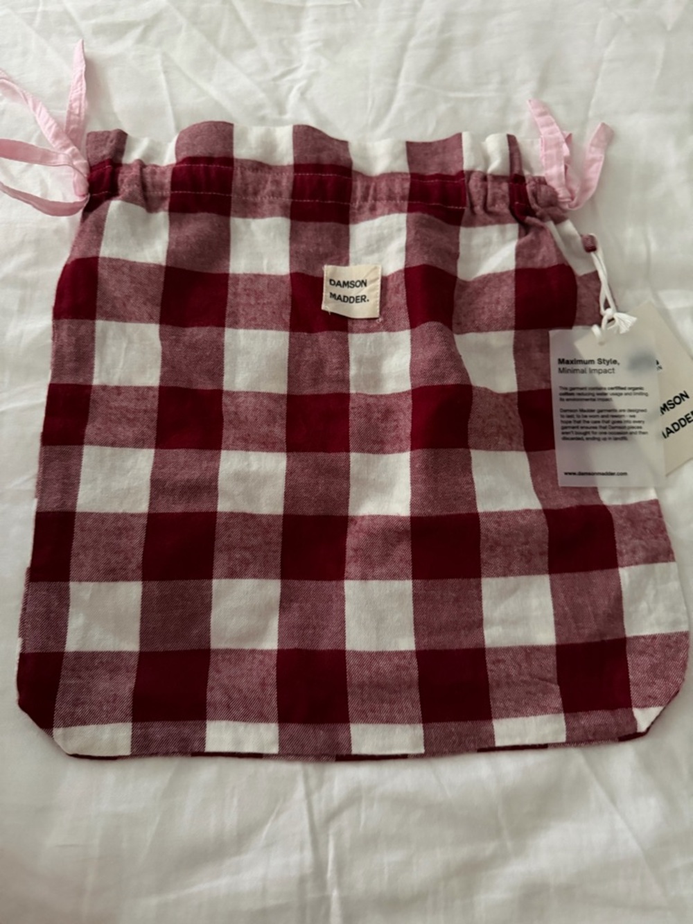 Damson Madder Gingham Cotton Pajama Storage Bag Pink Drawstring NWT